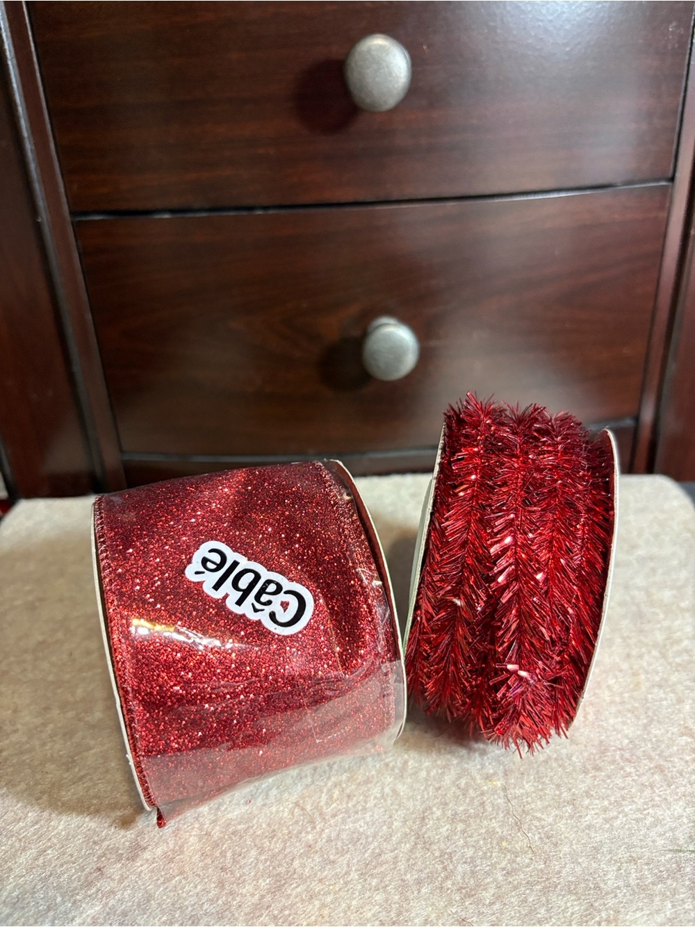 🎄 Red Glitter & Tinsel Holiday Garland Ribbon